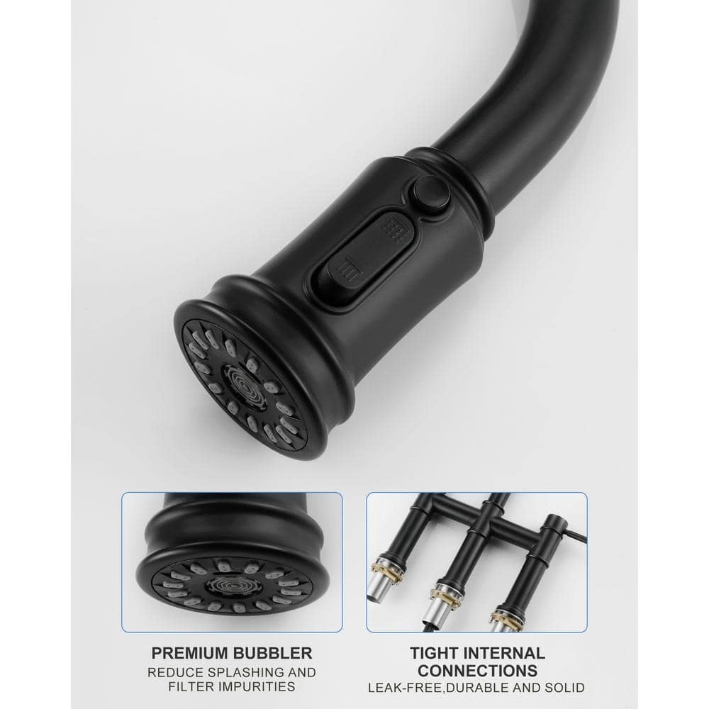 Matte Black Double Handle Bridge Kitchen Faucet with Pull-Out Spray