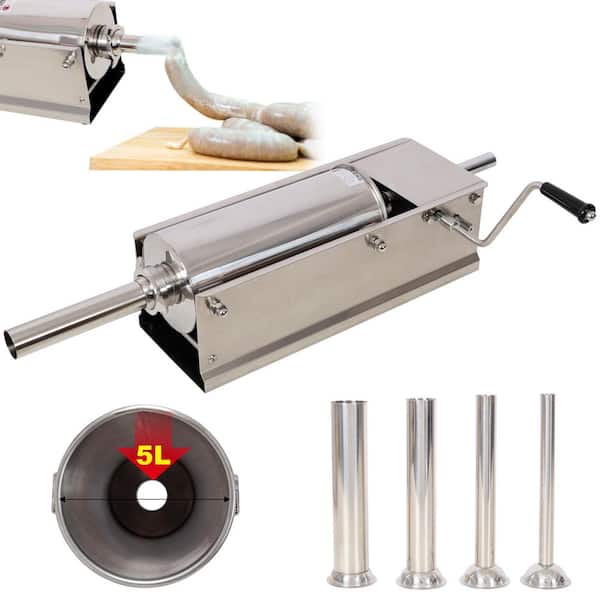 5L/11 lbs. Stainless Steel Manual Horizontal Sausage Stuffer with 4-Piece Filling Nozzles for Home and Commercial Use