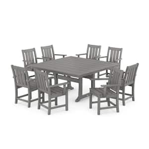 9-Piece Oxford Farmhouse Trestle Plastic Square Outdoor Dining Set in Slate Grey