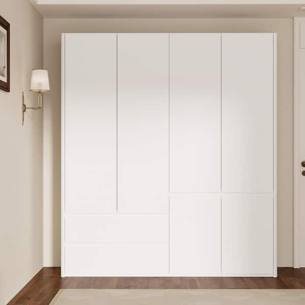 White Finished Wood 63 in. Width Bedroom Armoire, Wardrobe with 2 Drawers, 5 Shelves, 1 Hanging Bar & 6 Doors