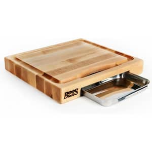 15 in. x 14 in. Square Wooden Edge Grain Cutting Board with Juice Pan