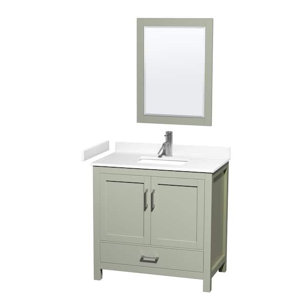 Wyndham Collection 36 in. W x 22 in. D x 35 in. H Single Bath Vanity in Light Green with White Cultured Marble Top and 24 in. Mirror