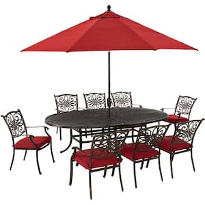 Traditions 9-Piece Aluminum Outdoor Dining Set with Red Cushions, 8 Chairs, Oval Cast-Top Table, Umbrella and Stand