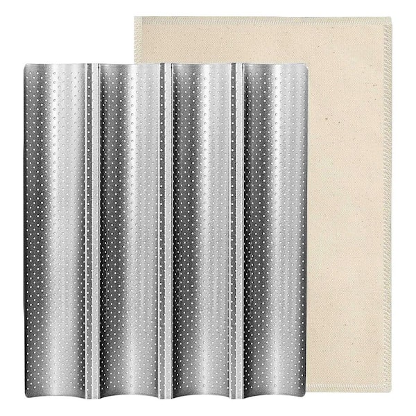 4-Slot Perforated French Baguette Pan with Nonstick Coating and Professional Proofing Cloth Heavy Duty Aluminized Steel