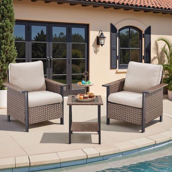 Buenaola Patio Brown 3-Piece Wicker Outdoor Bistro Set Lounge Chair Set with Side Table with Beige Cushions