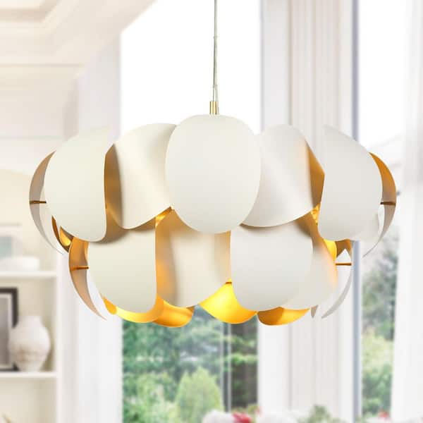 8-Light White Tiered Chandelier with Curved Oval Metal Panels and Gold Interior, Bulbs not Included