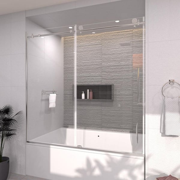 60 in. W. x 60 in. H Sliding Semi Frameless Tub Door in Chrome Finish with Clear Glass