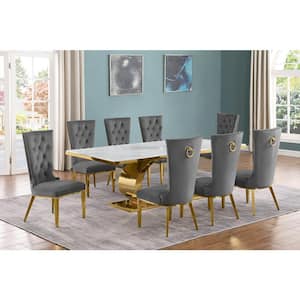 Ibraim 9-Piece Rectangle White Marble Top Gold Stainless Steel Base Dining Set with 8 Dark Grey Velvet Fabric Chairs