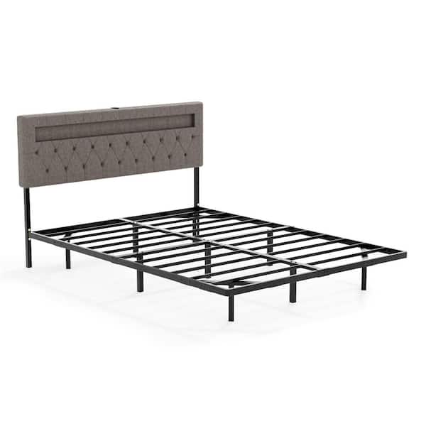 Gray Queen Size Floating Bed Frame with Upholstered Headboard/Charging Station,RGB LED Lights
