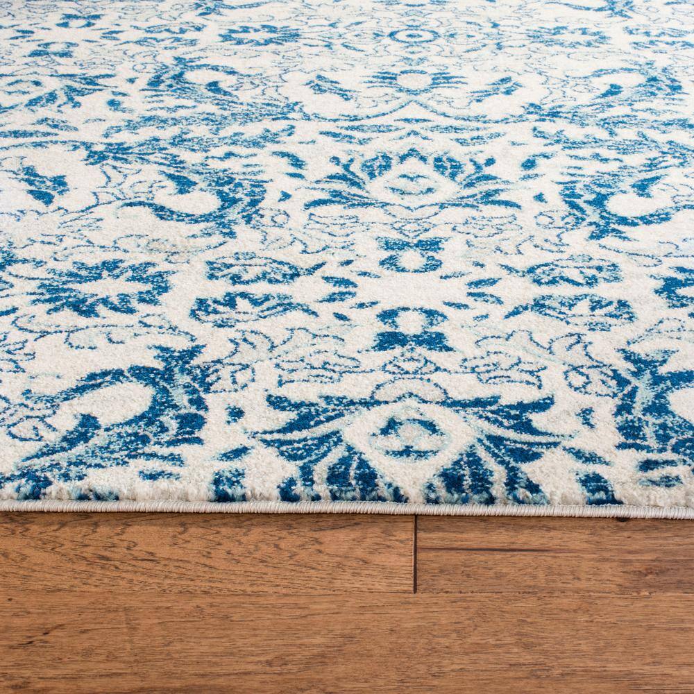 Ivory and Blue High Pile Synthetic Area Rug
