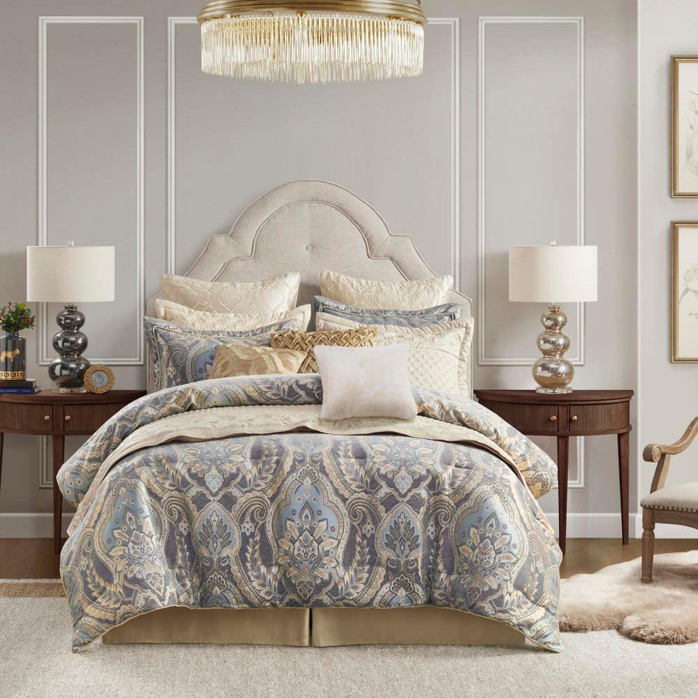 Julius Queen Taupe and Blue Microfiber Comforter Set
