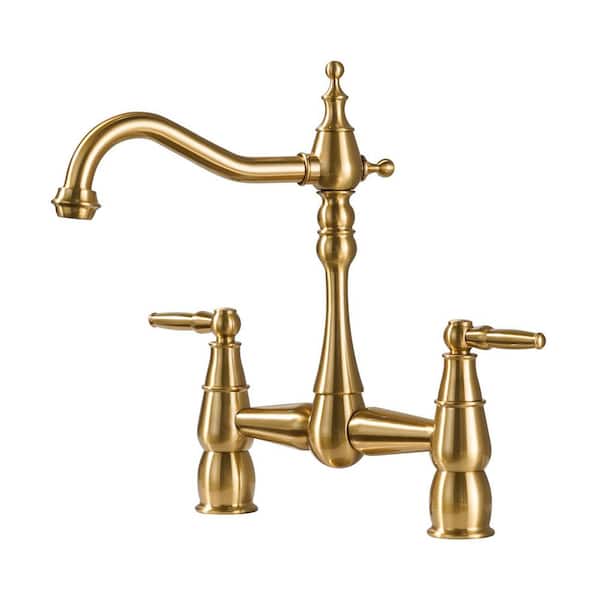 VEVETTA Vintage 2-Handle High Arc Bridge Kitchen Faucet with Hole Cover in Gold