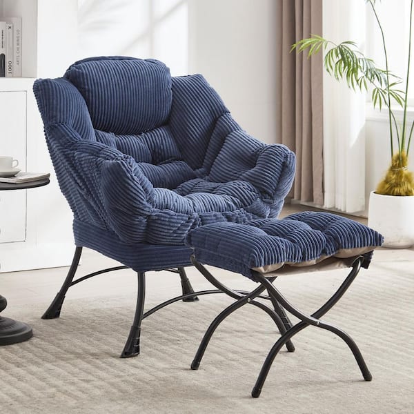 Navy Blue Modern Flannelette Fabric Upholstered Living Room Accent Arm Chair with Ottoman, Lazy Chair with Armrests