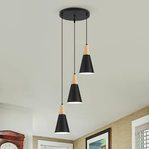 3-Light Black Cone Modern Pendant Light with Metal Shade for Kitchen Room