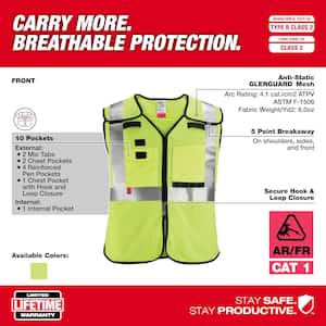 Arc-Rated/Flame-Resistant Small/Medium Yellow Mesh Class 2 Breakaway High Visibility Safety Vest with 10-Pockets