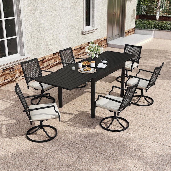 7-Piece Metal Outdoor Dining Set, Extendable Table & 6 Swivel Chairs with Beige Cushions, Rustproof Frames