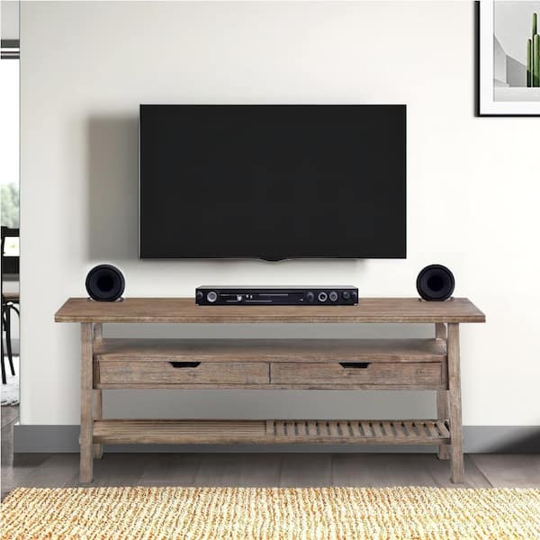 Benjara 58 in. Brown Wood TV Stand Fits TVs up to 55 in. with Slatted Bottom Shelf