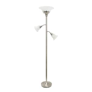 71 in. Brushed Nickel Torchiere Floor Lamp with 2 Reading Lights and White Scalloped Glass Shades