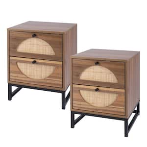 15.75 in. W x 15.75 in. D x 20.87 in. H Brown Walnut Linen Cabinet with Rattan Drawers and Metal Legs, Set of 2