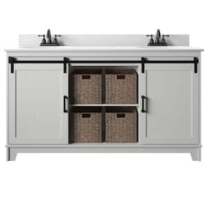 60 in. W x 22 in. D x 37.9 in. H Barn Door Double Bathroom Vanity Side Cabinet in White with White Marble Top