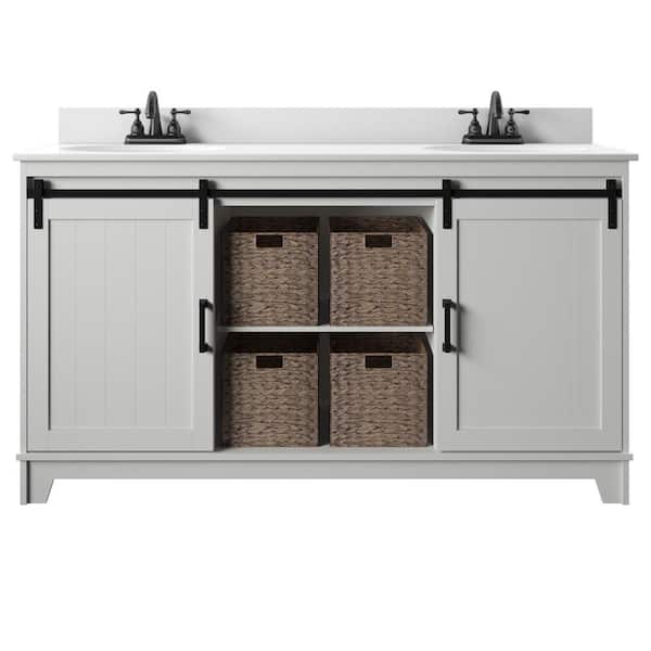 Twin Star Home 60 in. W x 22 in. D x 37.9 in. H Barn Door Double Bathroom Vanity Side Cabinet in White with White Marble Top