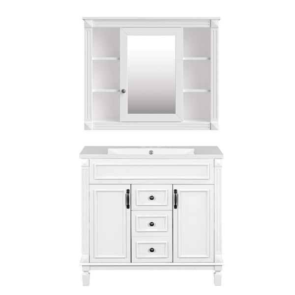 36 in. Single Sink Freestanding 2 Doors 2 Drawers White Bath Vanity with White Ceramic Top and Mirror Cabinet