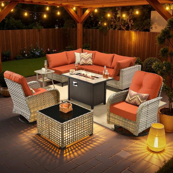 Solvoc 9-Piece Wicker Outdoor Patio Conversation Set with 42 in. Fire Pit Table, Stripe Red Cushions and Swivel Chairs