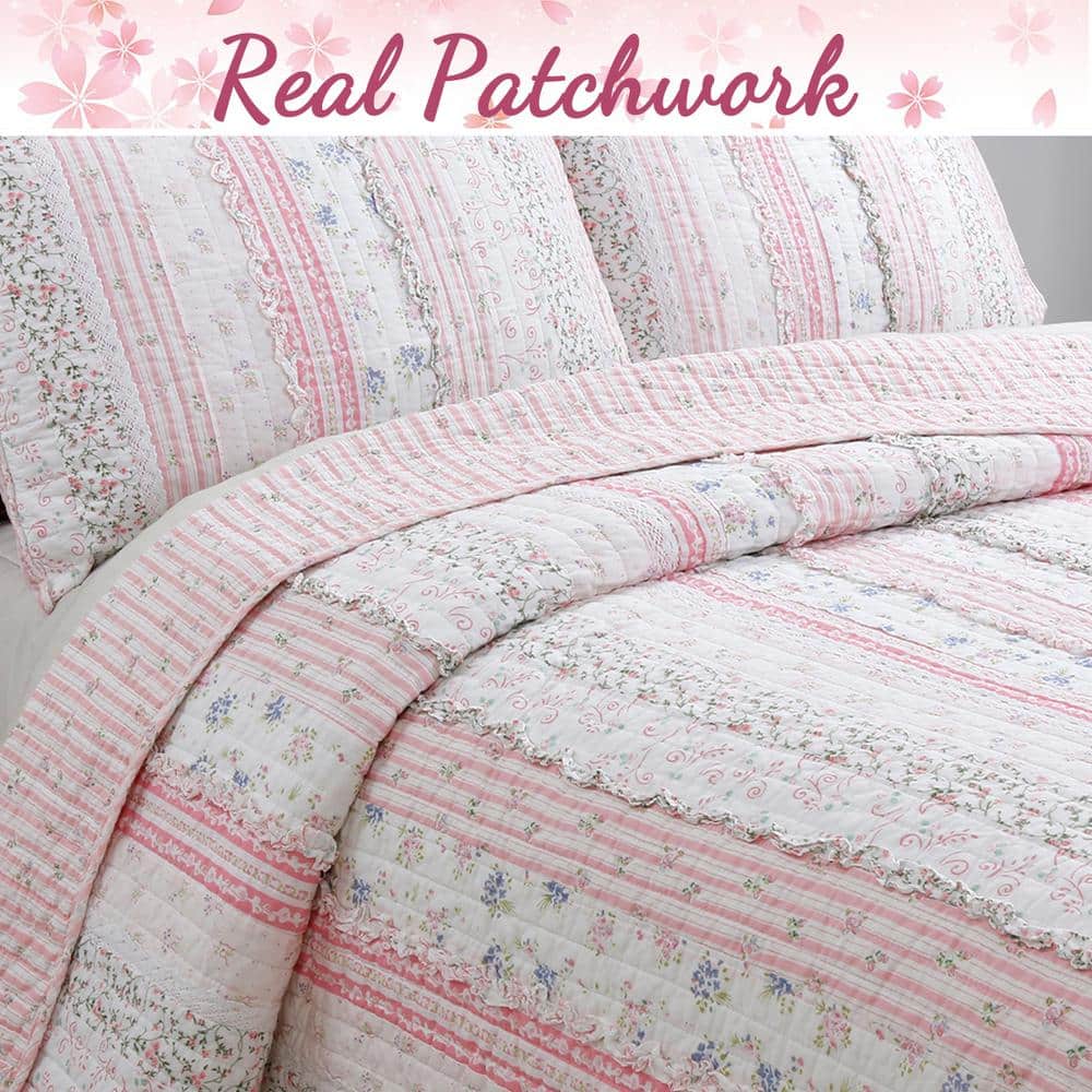 King Size Pink and White Cotton Reversible Quilt Set