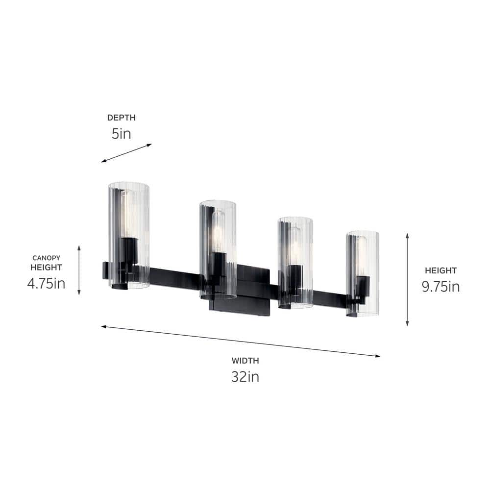 Black and Clear Fluted Glass 4-Light Vanity Fixture