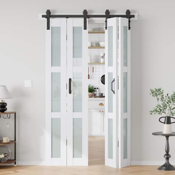 48 in. x 84 in. 3/4 Lite Frosted Glass Solid Core MDF White PVC Bi-fold Door with Hardware