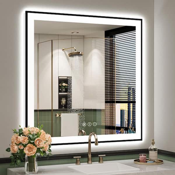 36 in. W x 36 in. H Square Framed Front and Back LED Lighted Anti-Fog Wall Bathroom Vanity Mirror in Tempered Glass