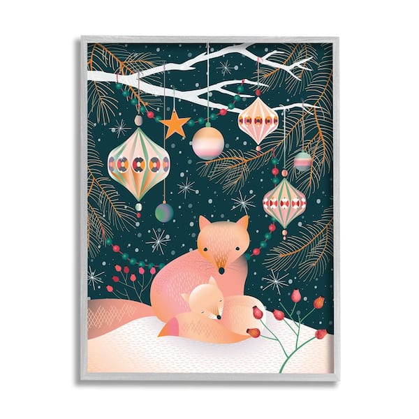 Stupell Industries Winter Foxes Beneath Tree by Verbrugge Watercolor 1 Piece Framed Graphic Print Animal Poster Art Print 30 in. x 24 in.
