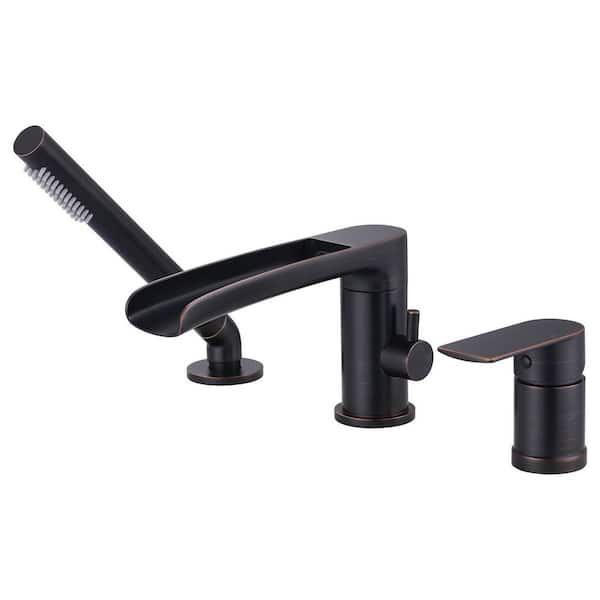 3 Holes Widespread Single-Handle Deck-Mount Brass Waterfall Roman Tub Faucet with Hand Shower in Oil Rubbed Bronze