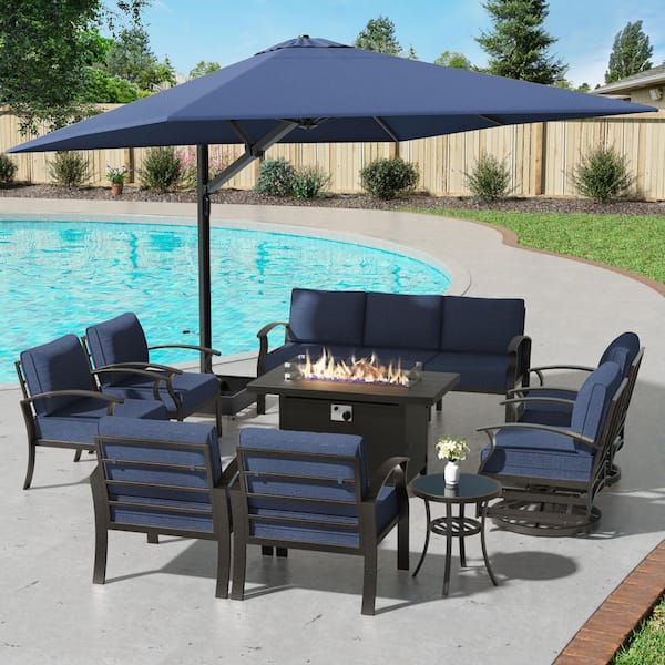 10-Piece Aluminum Patio Conversation Set with Armrest,Firepit Table,Swivel Chairs,Roman Umbrella and Navy Blue Cushions