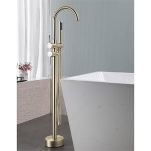 2-Handle Floor Mount Freestanding Tub Faucet with Handheld Shower in Brushed Gold