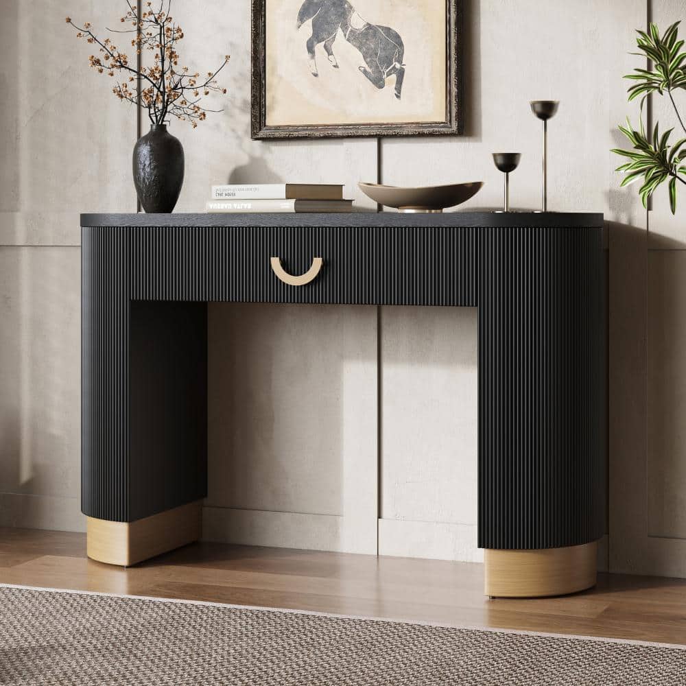 47.8 in. Black and Gold Oval Wood Console Table with Drawer