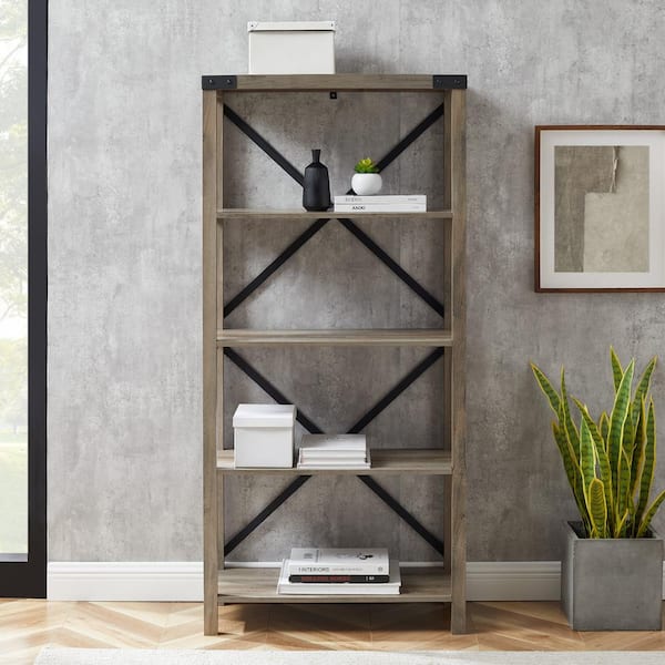 64 in. Gray Wash Wood 4-shelf Etagere Bookcase with Open Back