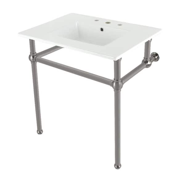 Kingston Brass Fauceture 31 in. Ceramic Console Sink Set with Brass Legs in White/Brushed Nickel