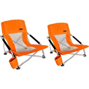 Beach Chair for Adults, Low Beach Camping, Folding Chair, Shoulder Strap, Cup Holder, Steel Frame 300 lbs. (Orange 2-Pk)