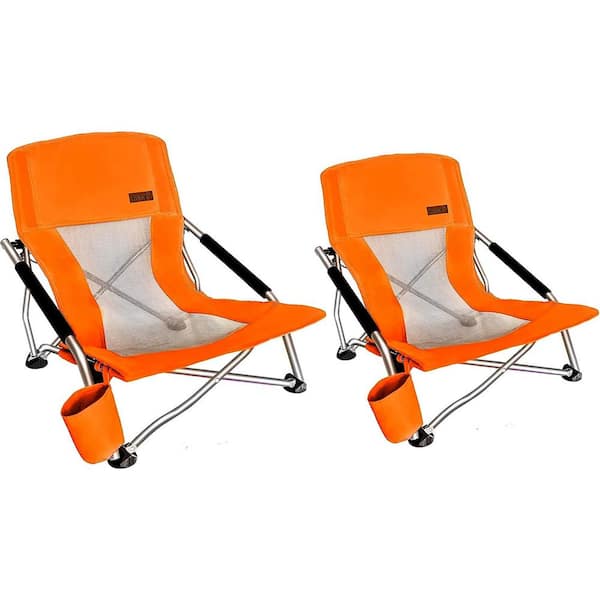 NICE C Beach Chair for Adults, Low Beach Camping, Folding Chair, Shoulder Strap, Cup Holder, Steel Frame 300 lbs. (Orange 2-Pk)