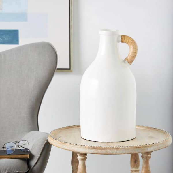 Litton Lane 18 in. White Jug Inspired Ceramic Decorative Vase with Rattan Wrapped Handle