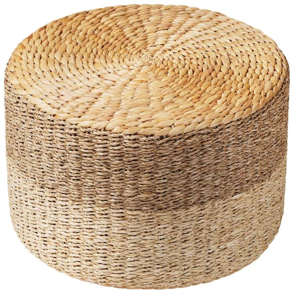 JAZAVA 12 in. H Natural Brown Hand Woven Seagrass Filled Round Pouf