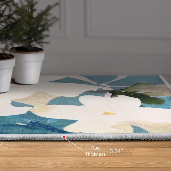 Peach Teal Floral, 8'x10' Hand Washable Flowers Art Area Rug, power-loomed, 100% polyester, 2mm pile, non-slipping back.