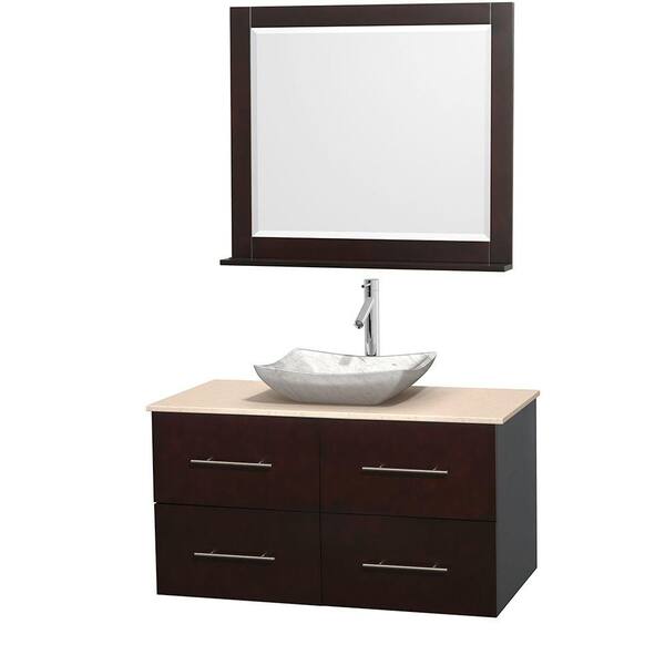 Wyndham Collection Centra 42 in. Vanity in Espresso with Marble Vanity Top in Ivory, Carrara White Marble Sink and 36 in. Mirror