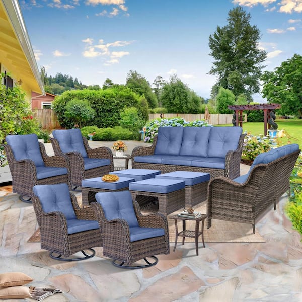 kuurfuurdo Brown 12-Piece Wicker Patio Conversation Seating Sofa Set Outdoor Swivel Chairs with Denim Blue Cushions and Ottomans