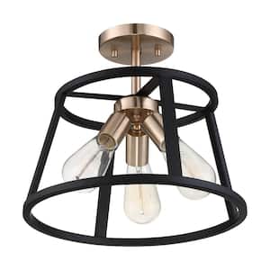 Chassis 14 in. 3-Light Copper Brushed Brass and Matte Black Transitional Semi- Flush Mount with No Bulbs Included