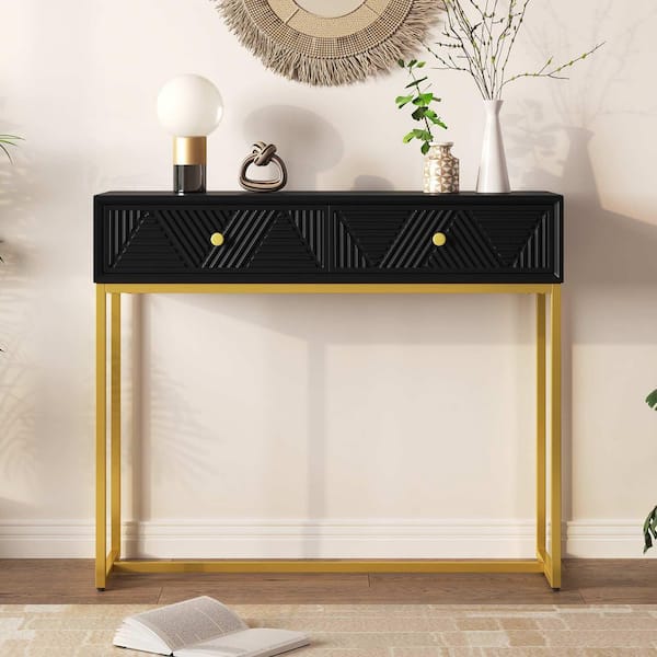 Polibi 38 in. Black Rectangle Wood Console Table Entryway Table