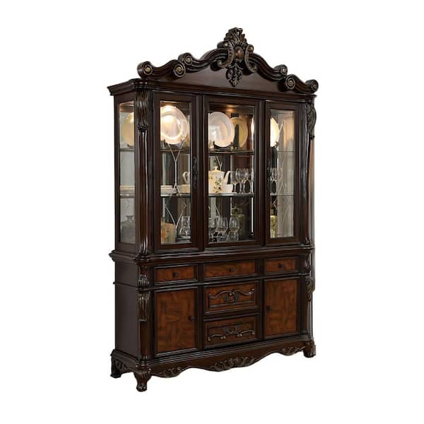 Zenie Cherry Brown Solid Wood 61.5 in. Classic Carved Buffet Cabinet with Hutch