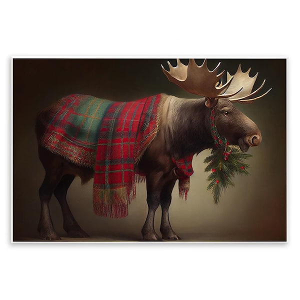 Festive Moose with Plaid by Sasha 1-Piece Unframed Graphic Animal Art Print 10 in. x 15 in.