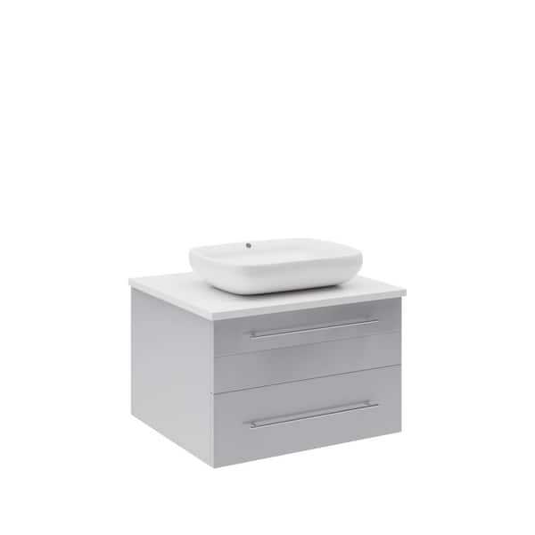 Fresca Lucera 24 in. Single Sink Wall Mount Floating Gray Bath Vanity with White Quartz Top and Vessel Ceramic Sink